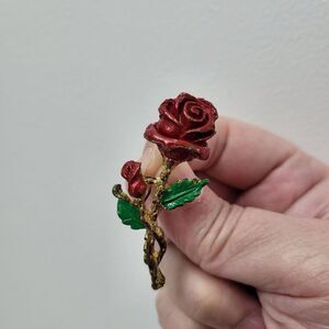 2/$20 Vintage Gold Tone Red Rose Brooch